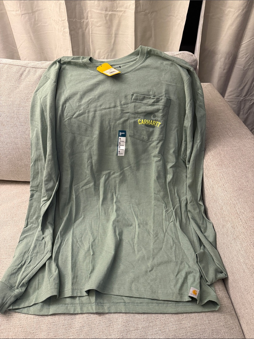 Carhartt Long-Sleeve Pocket Tee in Sage Green with Yellow Logo
